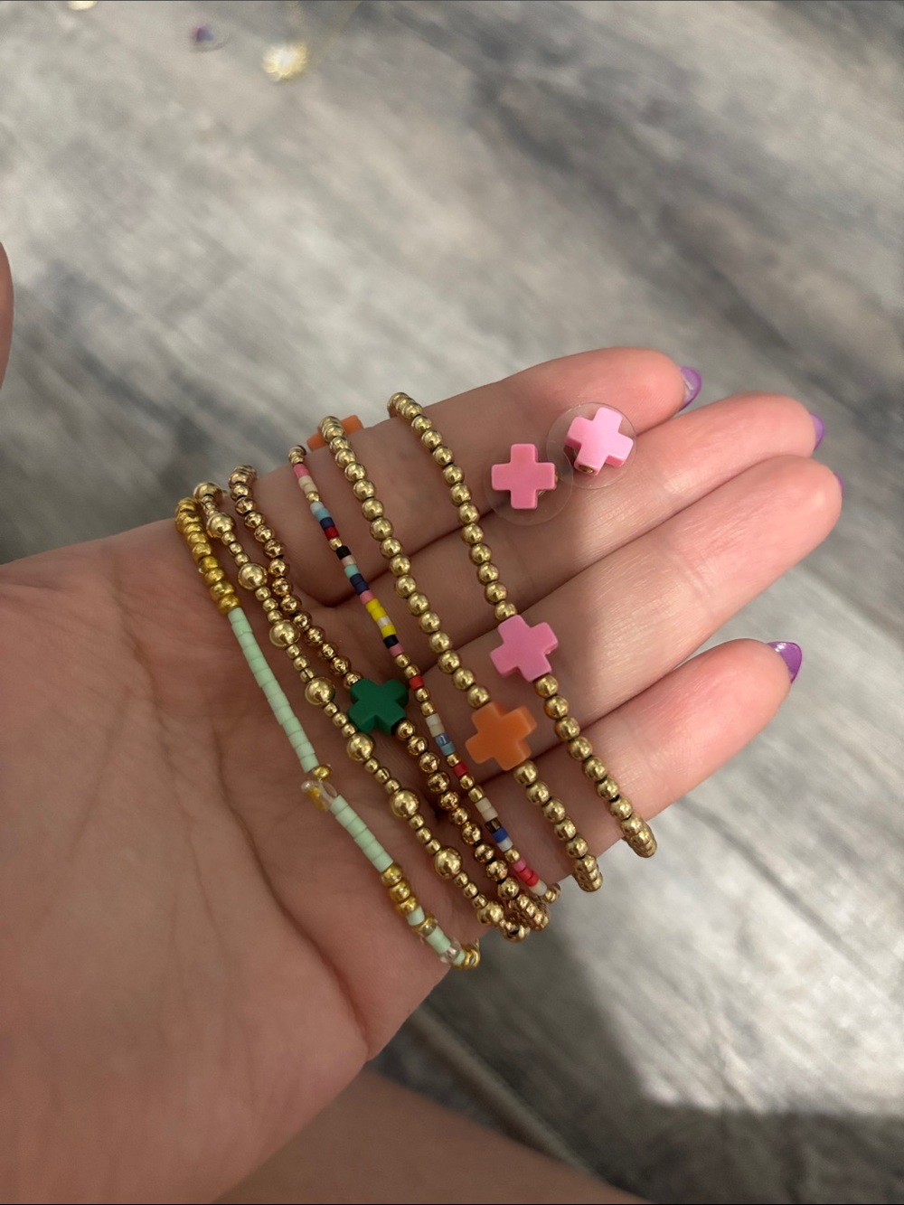 Gold Beaded Multi-Color Cross Charm Bracelet Set with earrings - Picture 1 of 1